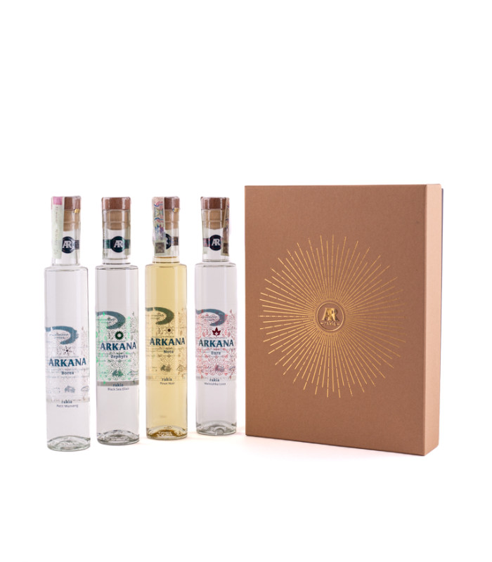 Set of 4 Arkanas rakia in a box - Borea, Nota, Eura, Zephira - 4 pcs x 0.2l
